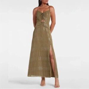 NWT Express Maxi Dress Women's Size XL Olive Green Metallic Cutout Ruched Front